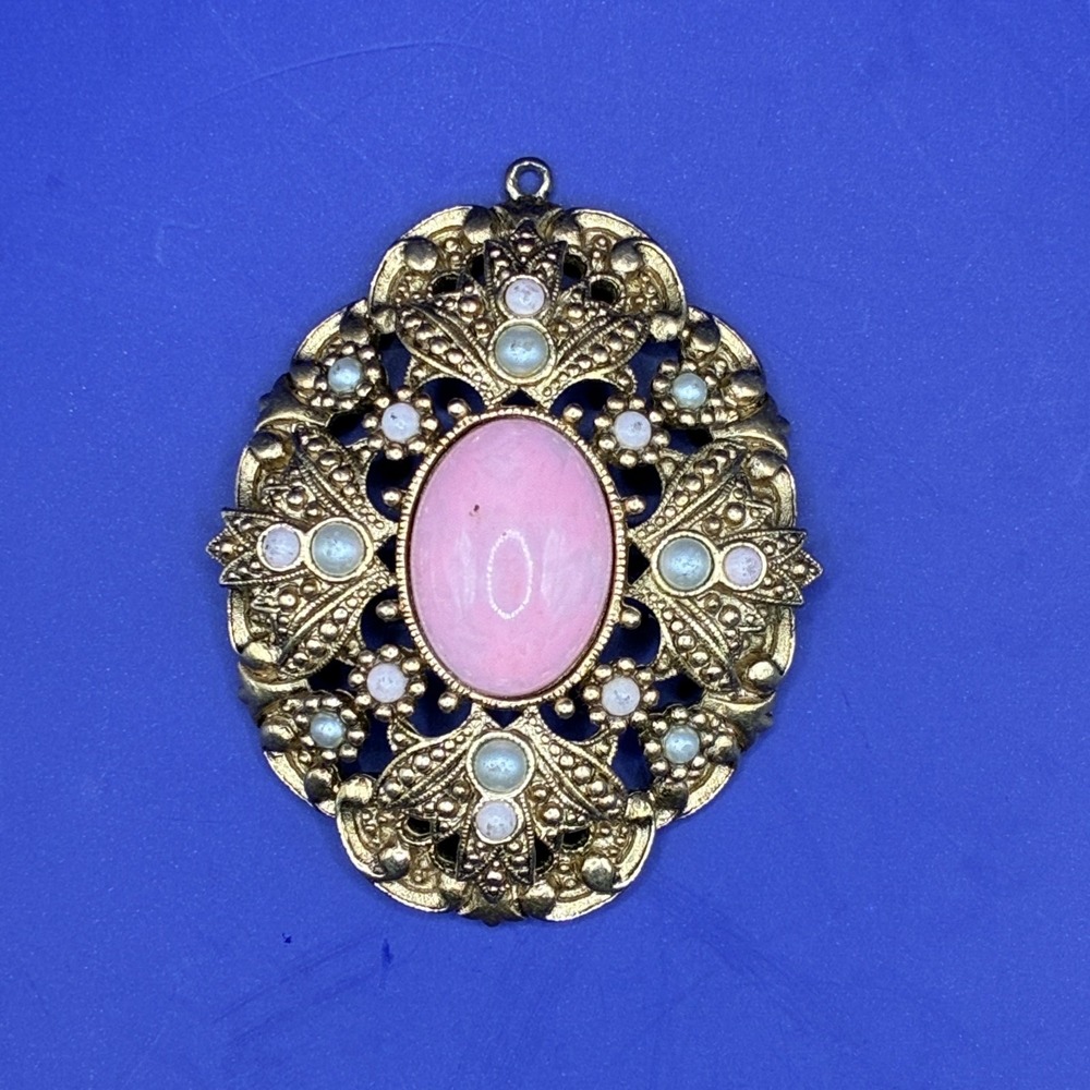 Vintage Avon Pink Cabochon with Faux Pearls Filigree Gold Tone Ornate 2" Pendant